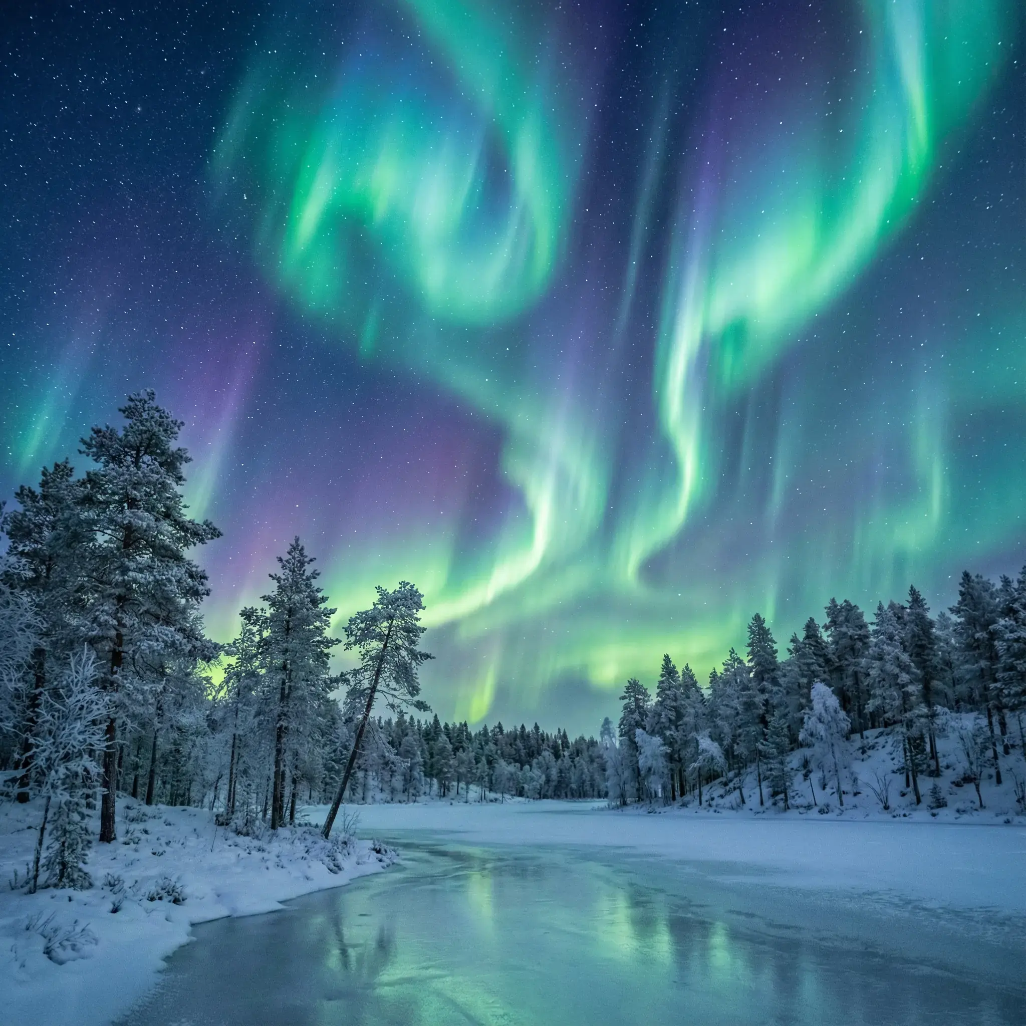 Северное сияние над зимним лесом — магия ночи