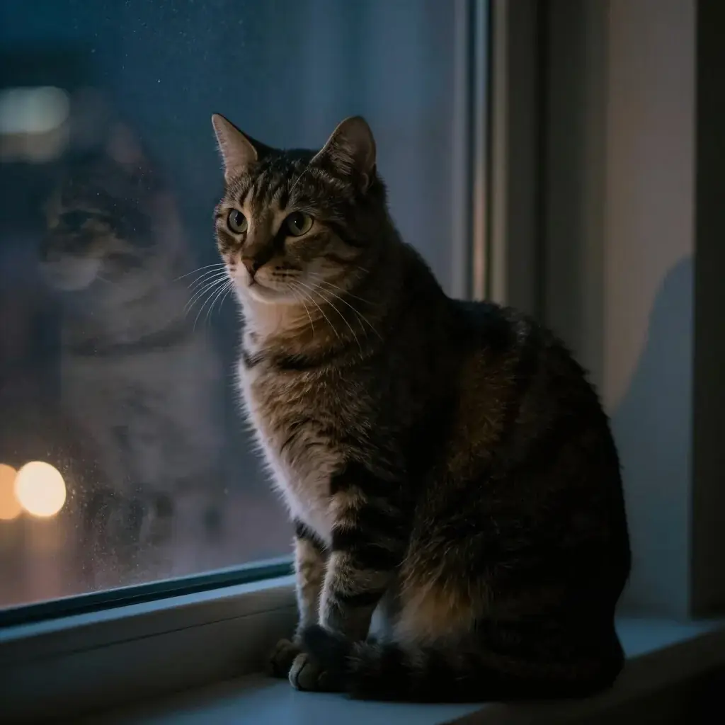 Кот у окна вечером — уют и тишина