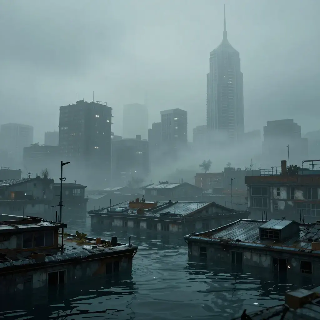 Затопленный город в тумане — урбанистическая тишина