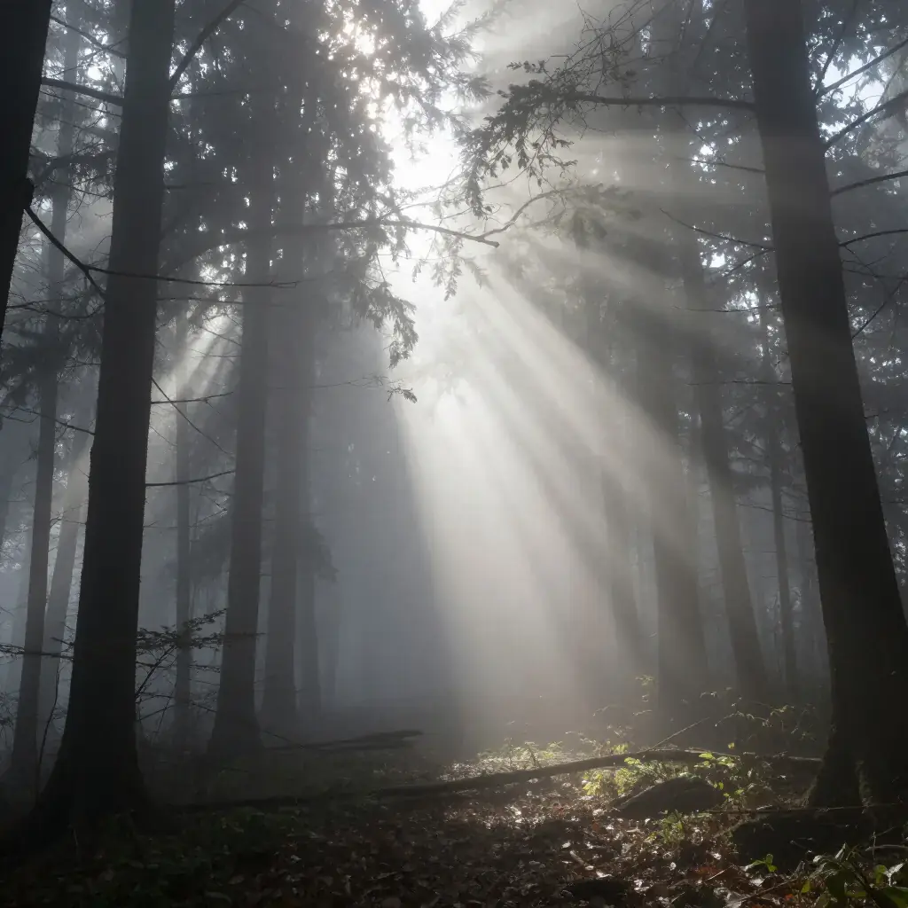 Луч света в туманном лесу — утреннее спокойствие