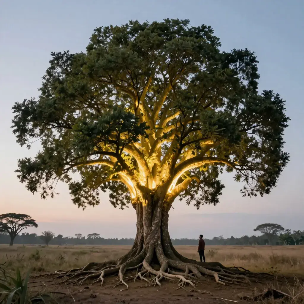 Светящееся дерево на закате — волшебная природа