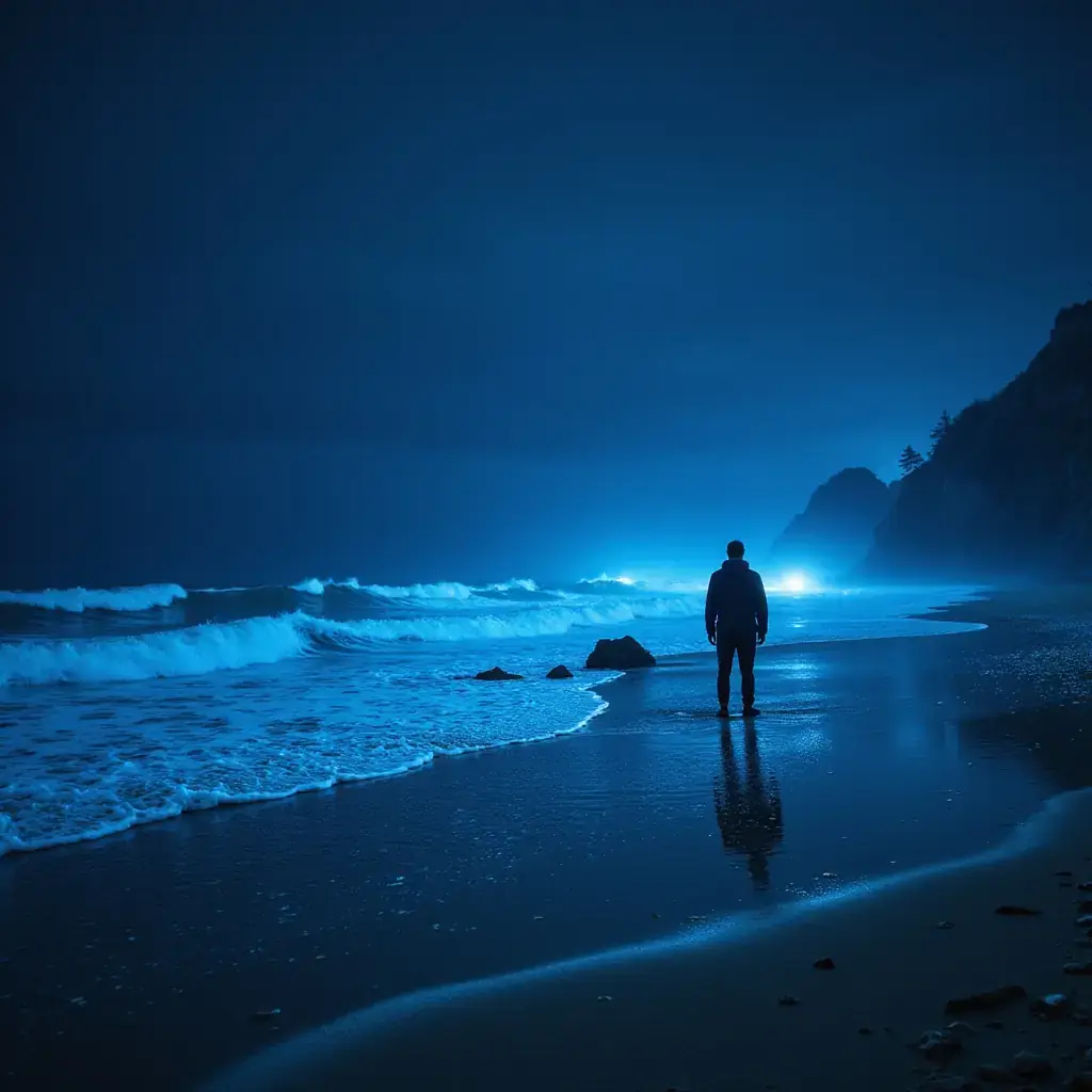 Одинокая фигура у моря ночью — атмосферный пейзаж