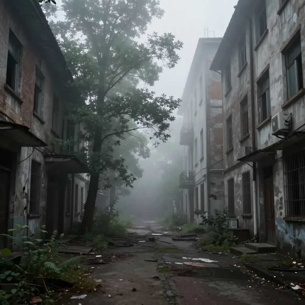 Заброшенный город в тумане — атмосферная городская архитектура